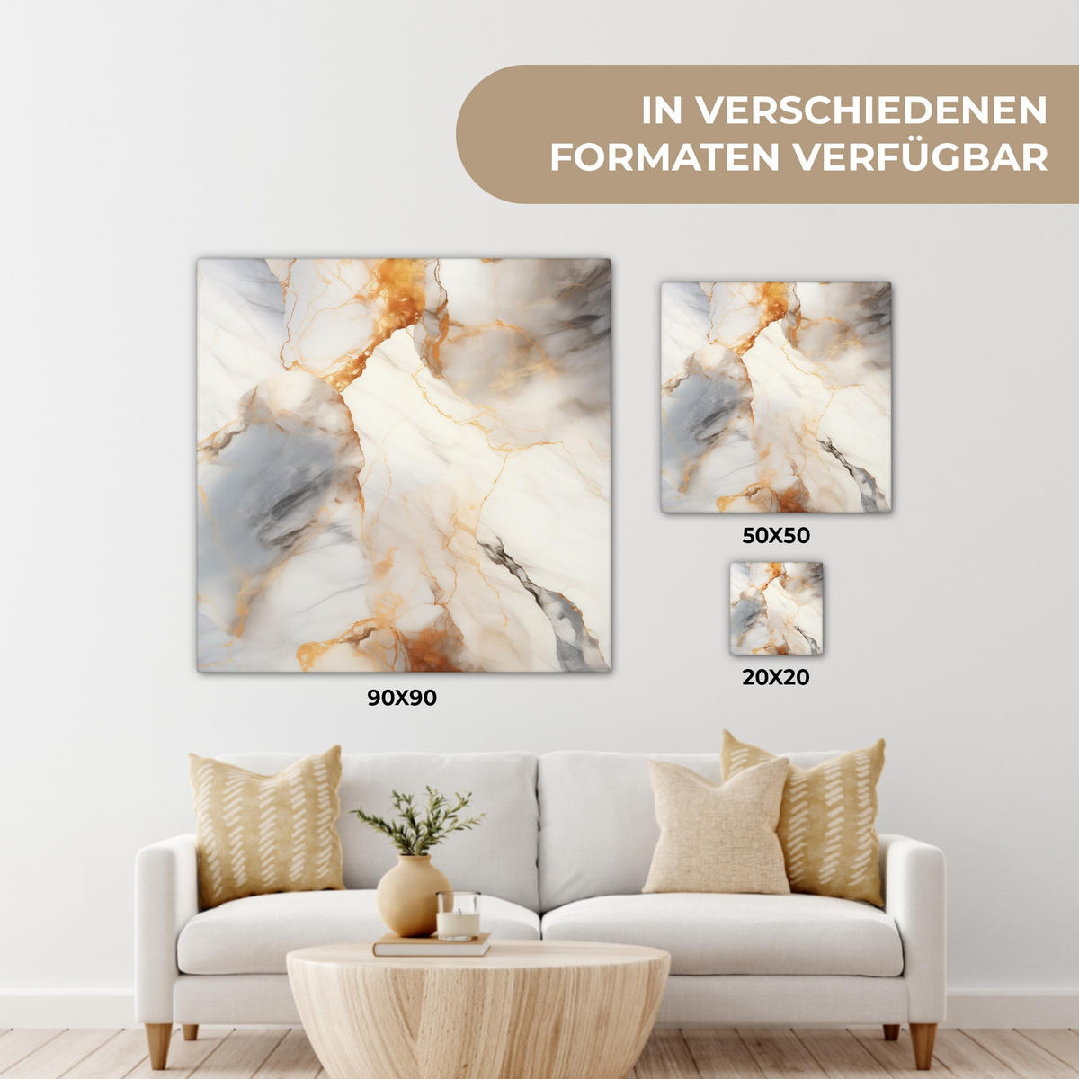 LEINWANDBILD Marmor - Grau - Gold 90x90 cm - Weiß, Textil (90/90cm) - MuchoWow