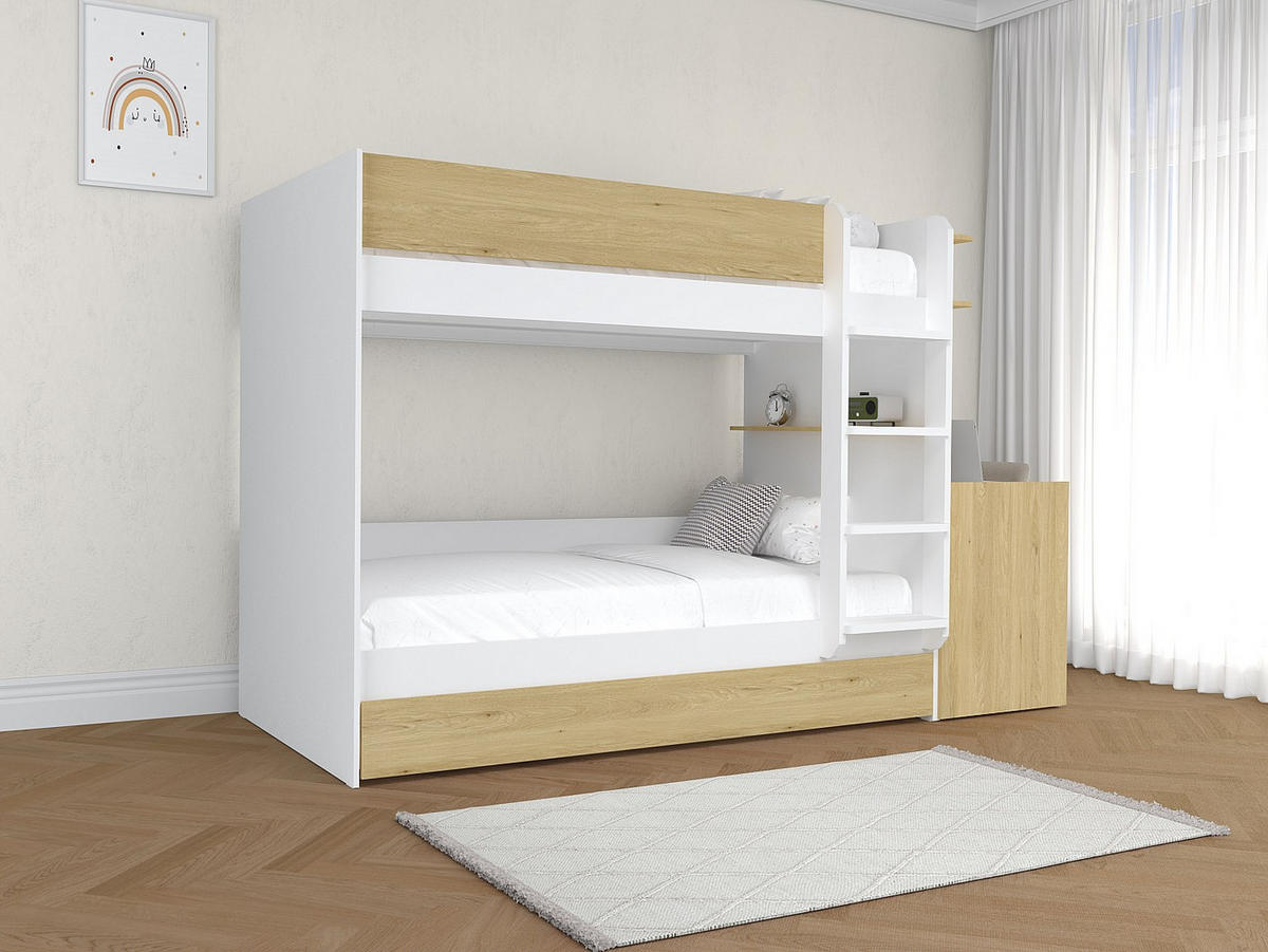 ETAGENBETT mit zusätzlichem Ausziehbett & 2 Schreibtischen - 3 x 90 x 190 cm - Weiß & Holzfarben - DOMATI - Naturfarben, Holz (100.4/196cm) - Vente-Unique