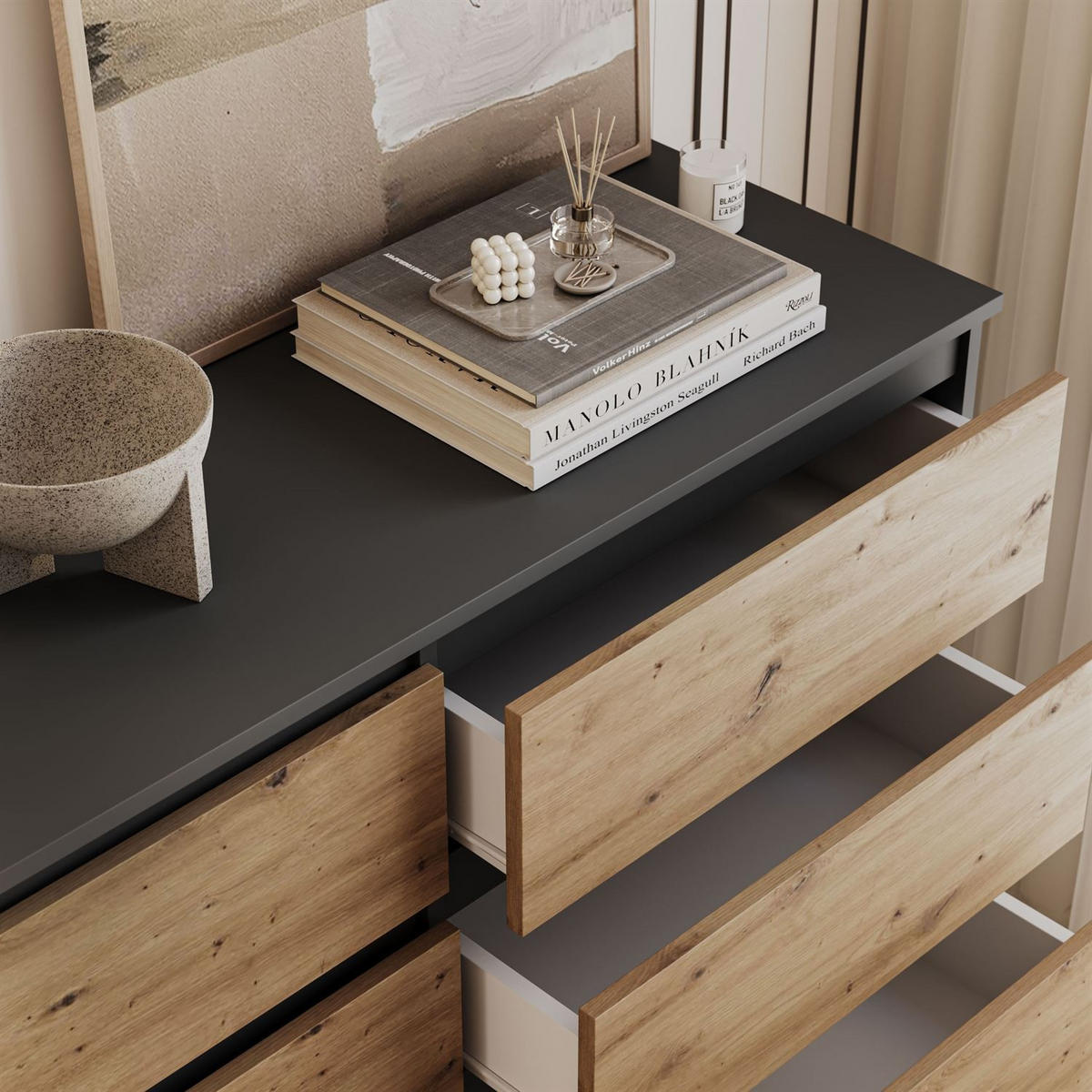 SIDEBOARD HANA M8 mit Schubladen Artisan Eiche / Anthrazit - Eiche Artisan, Holzwerkstoff (120/97/40cm) - Lookway