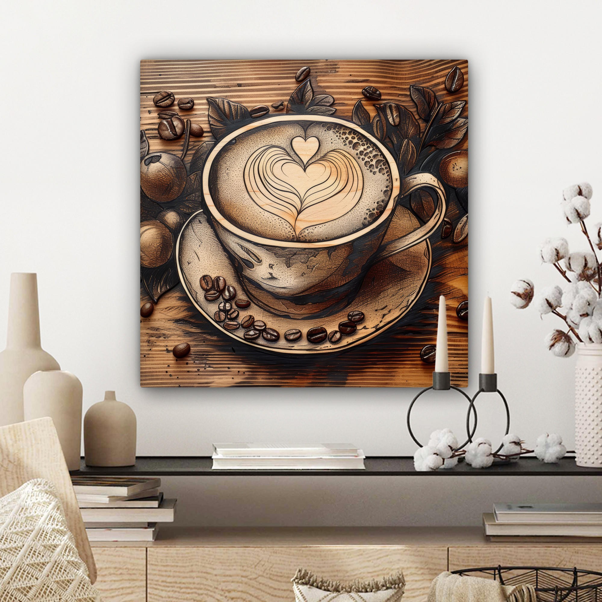 LEINWANDBILD Kaffee - Vintage - Braun - Tasse - Holz 50x50 cm - Braun, Textil (50/50cm) - MuchoWow