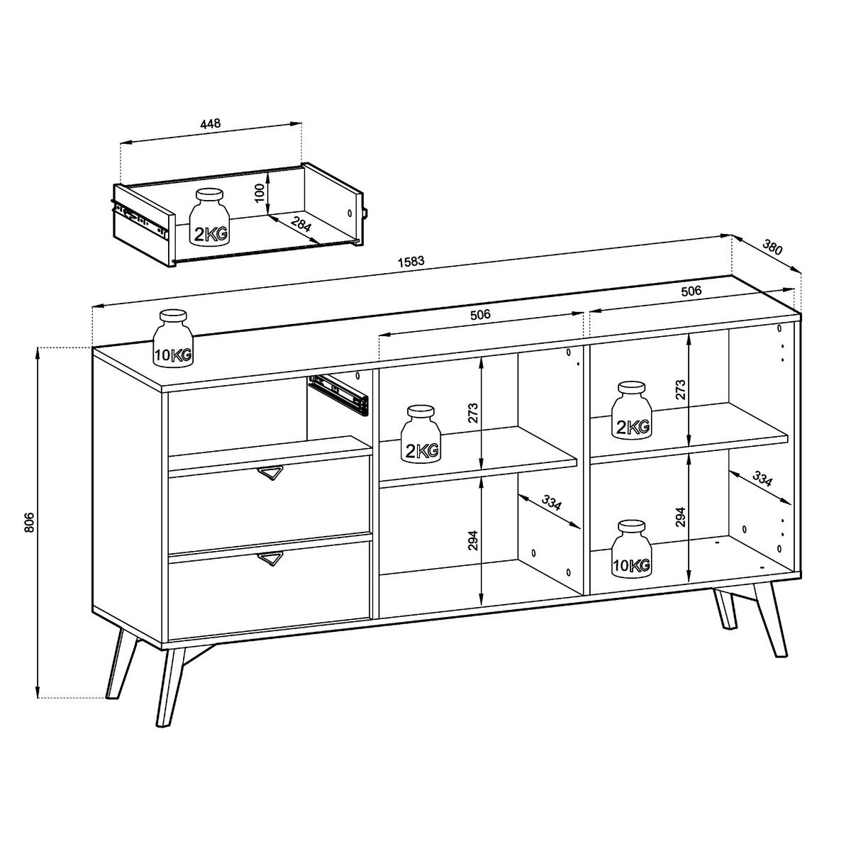 SIDEBOARD TOFINO KOM2-2D3S Holzbeine Beige Fischgrätenmuster - Eichefarben/Beige, Holz/Holzwerkstoff (158/80/38cm) - Komodee