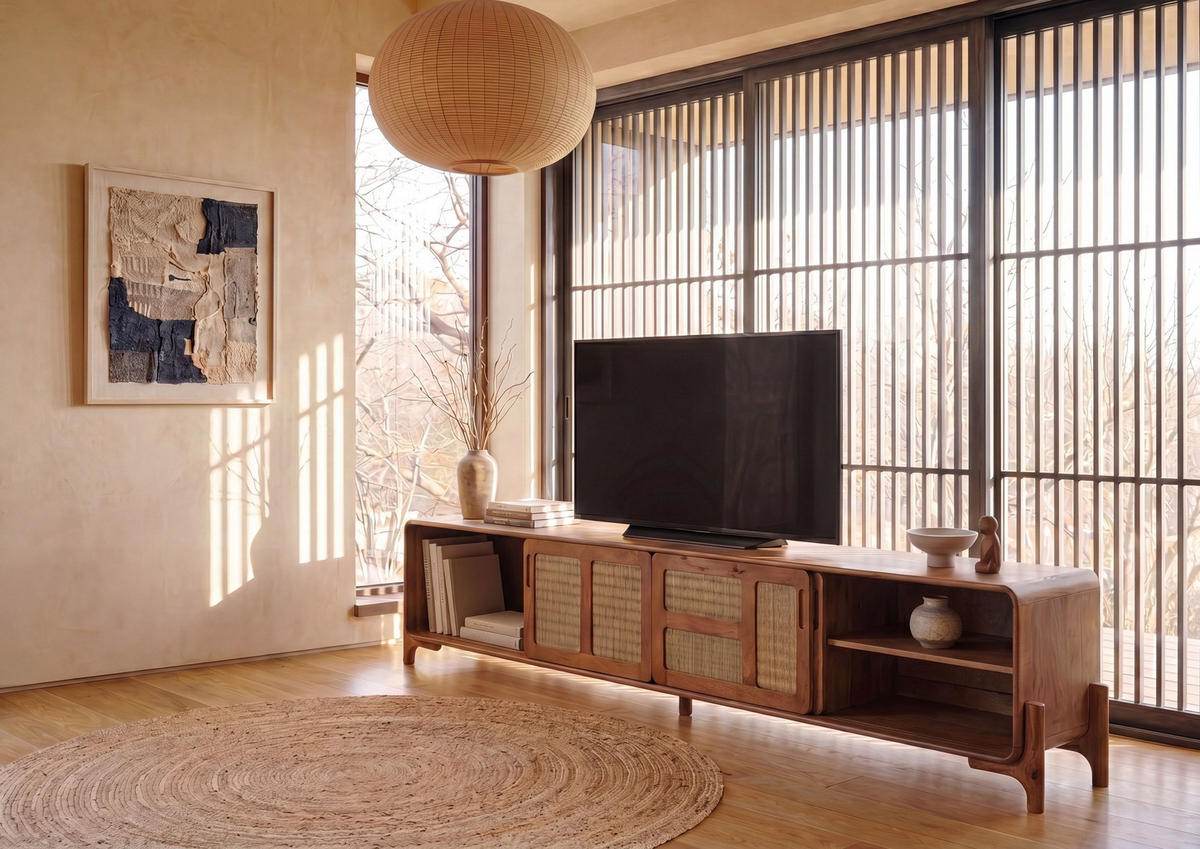 TV-BOARD Mango/Seegras 240x40x50 hellbraun lackiert MIZUMI #107 - Braun, Holz (240/50/40cm) - Massivmoebel24