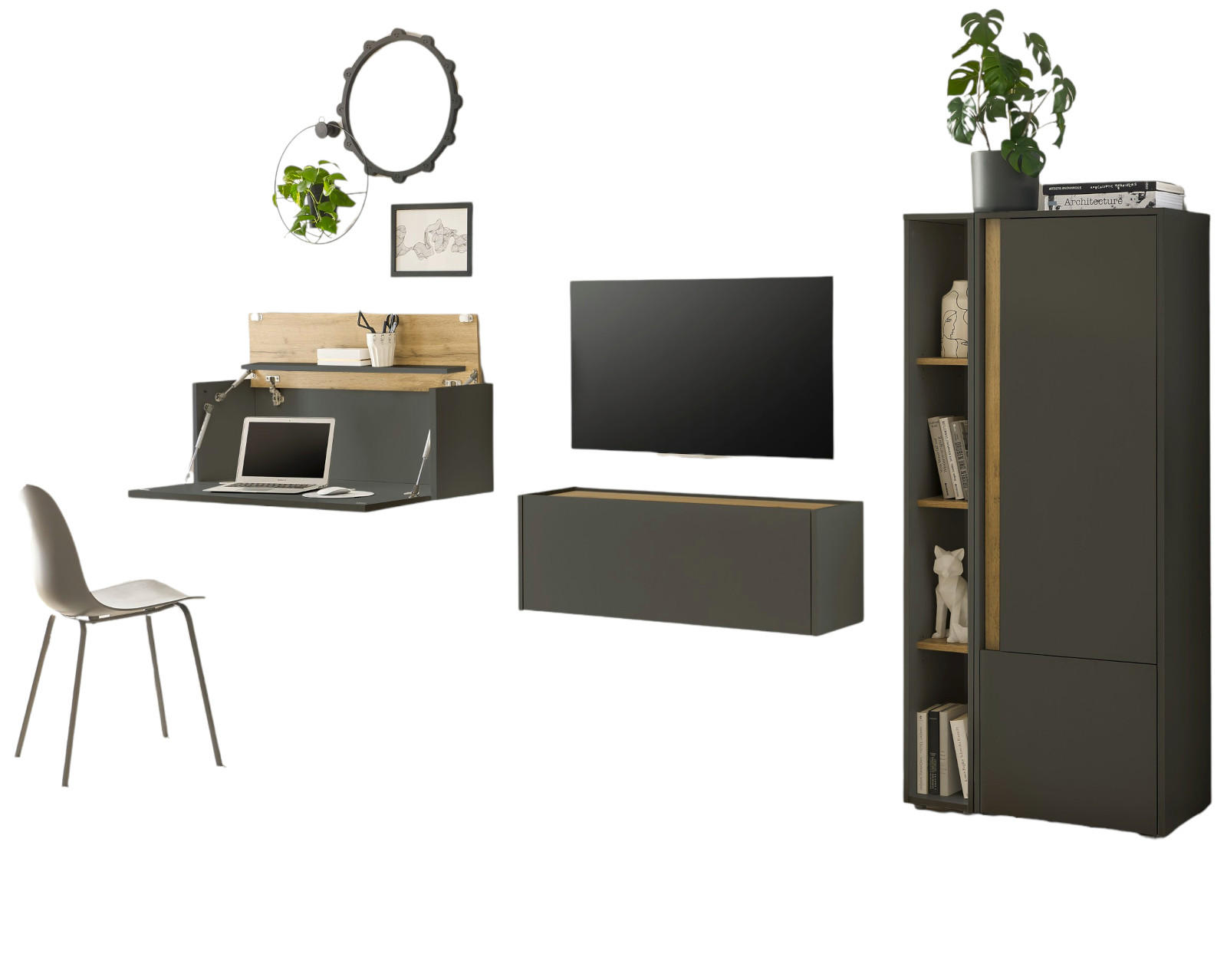 WOHNWAND grau matt , Eiche Wotan 4-teilig 310 cm, Wohnzimmer Schränke mit Sekretär - Eiche Wotan/Grau, Holzwerkstoff/Kunststoff (310/170/40cm) - Furn.Design