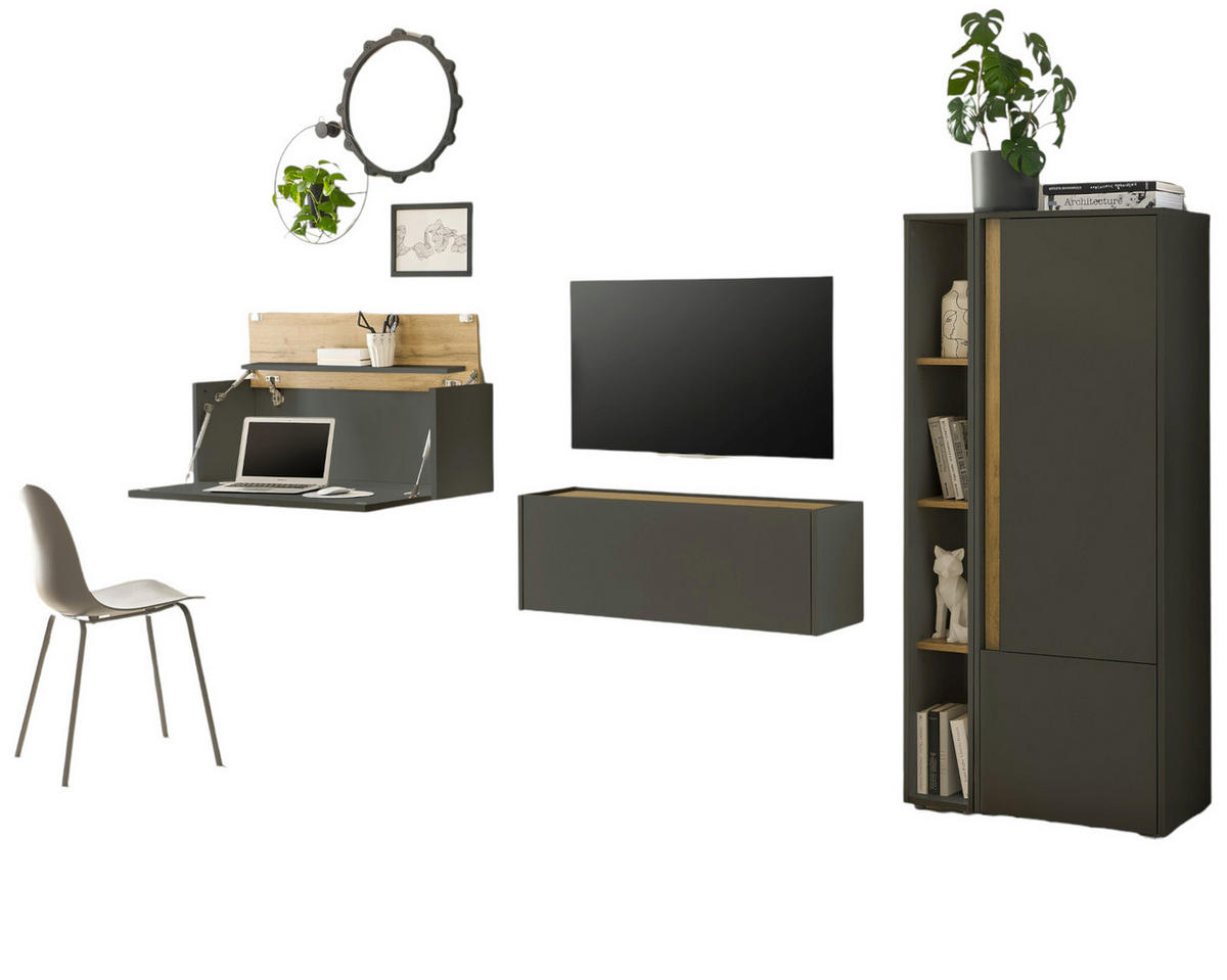 WOHNWAND grau matt , Eiche Wotan 4-teilig 310 cm, Wohnzimmer Schränke mit Sekretär - Eiche Wotan/Grau, Holzwerkstoff/Kunststoff (310/170/40cm) - Furn.Design