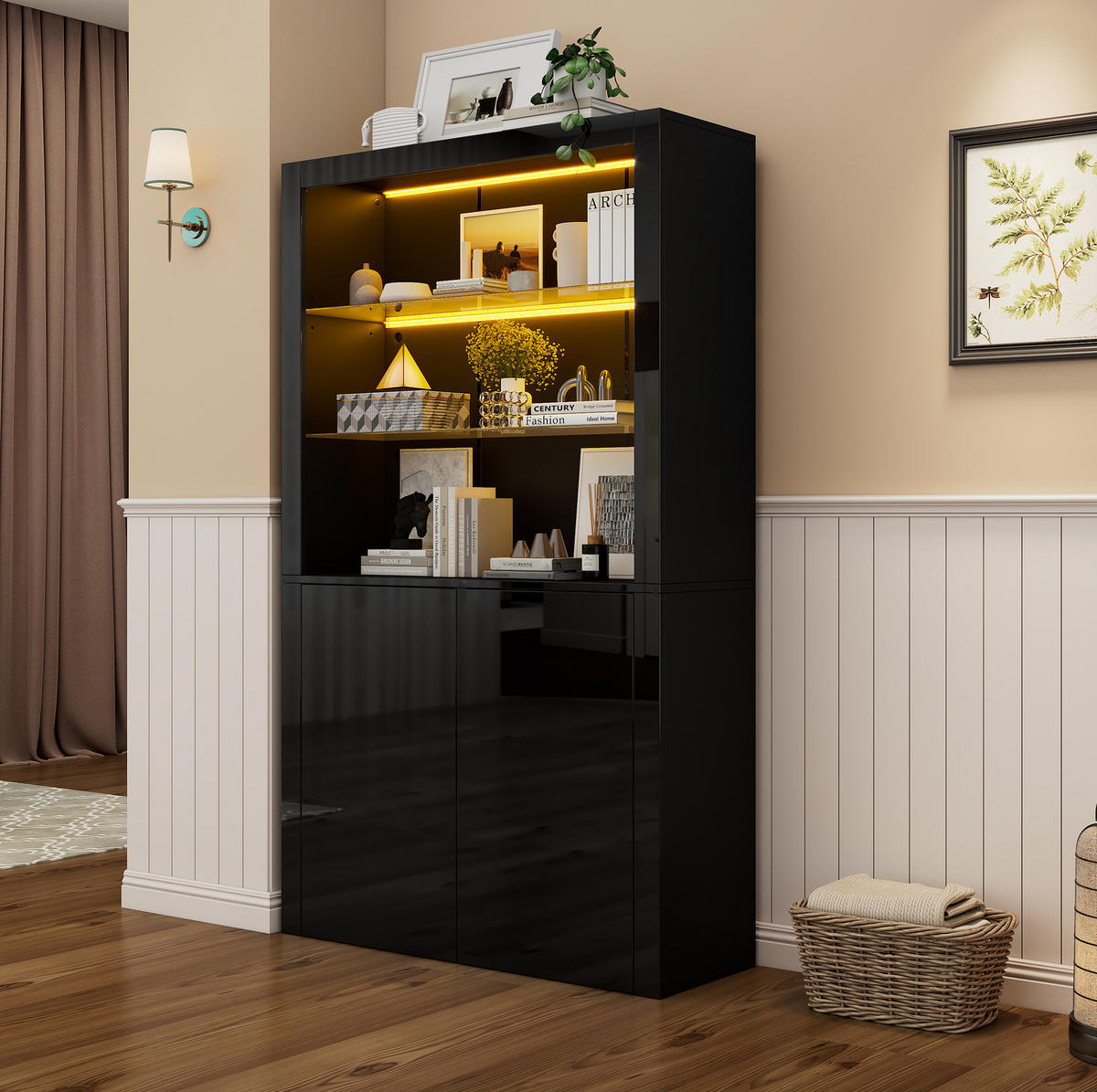 VITRINE 100/35/170 cm Schwarz aus MDF, Spanplatte und Glas mit LED-Beleuchtung - Schwarz, Holzwerkstoff (35/170/100cm) - OKMYHOME