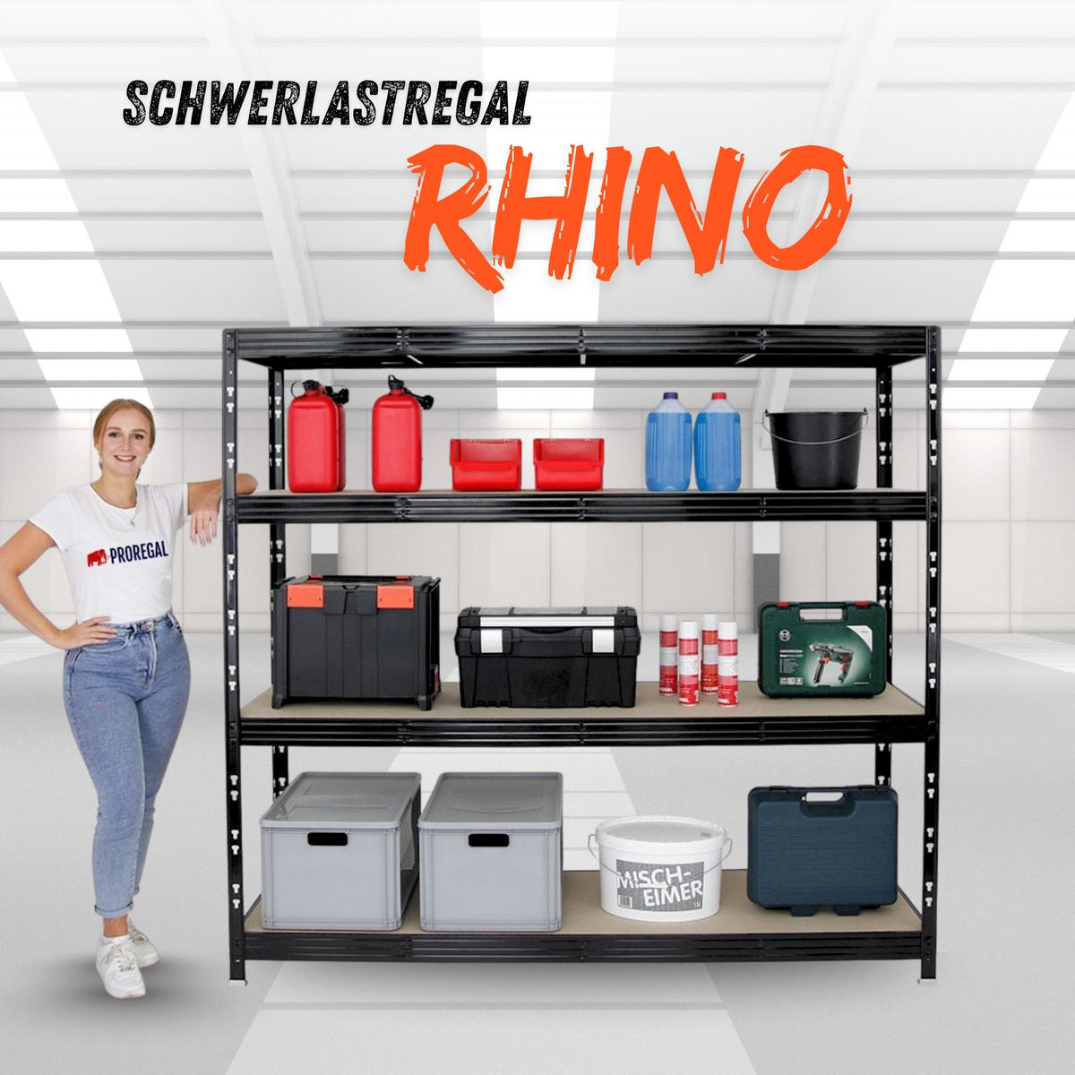 SCHWERLASTREGAL Rhino 180x200x60 cm 4 Spanplatten-Ebenen 8mm Fachlast 500 kg Schwarz - Schwarz, Metall (200/180/60cm) - PROREGAL