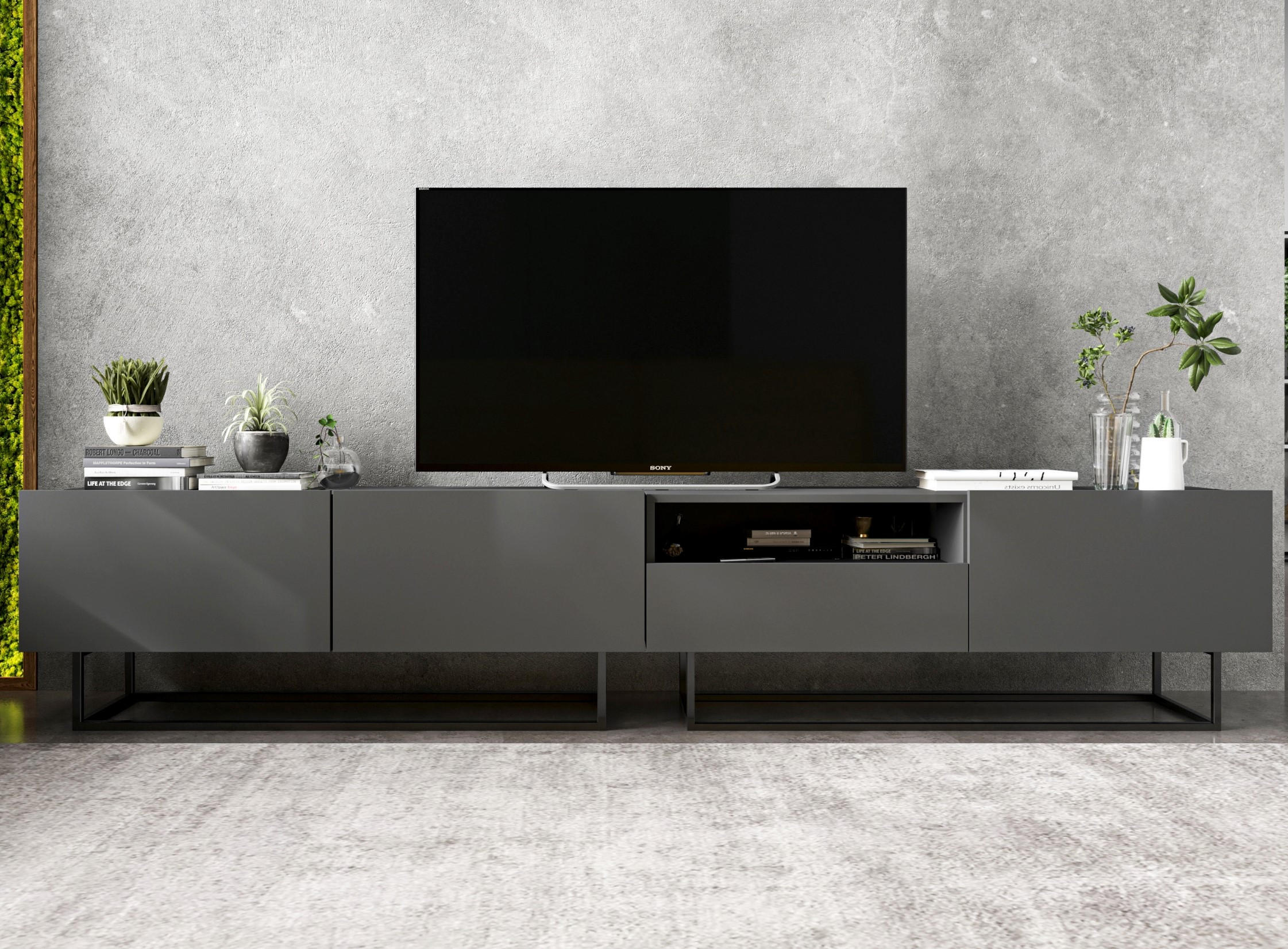 Thumbnail - Meble Lindner Tv-Lowboard, Grau, Holzwerkstoff, 4 Fächer, 1 Schubladen, Rechteckig, 240x46x35 cm, Wohnzimmer, Wohnwände,...