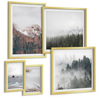BILDER SET 5er Set - 50x50 cm & 20x30 cm & 40x60 cm Goldrahmen - Abstrakte Wellen, graue Pastellfarben - Goldfarben, Kunststoff (40/60cm) - TULUP