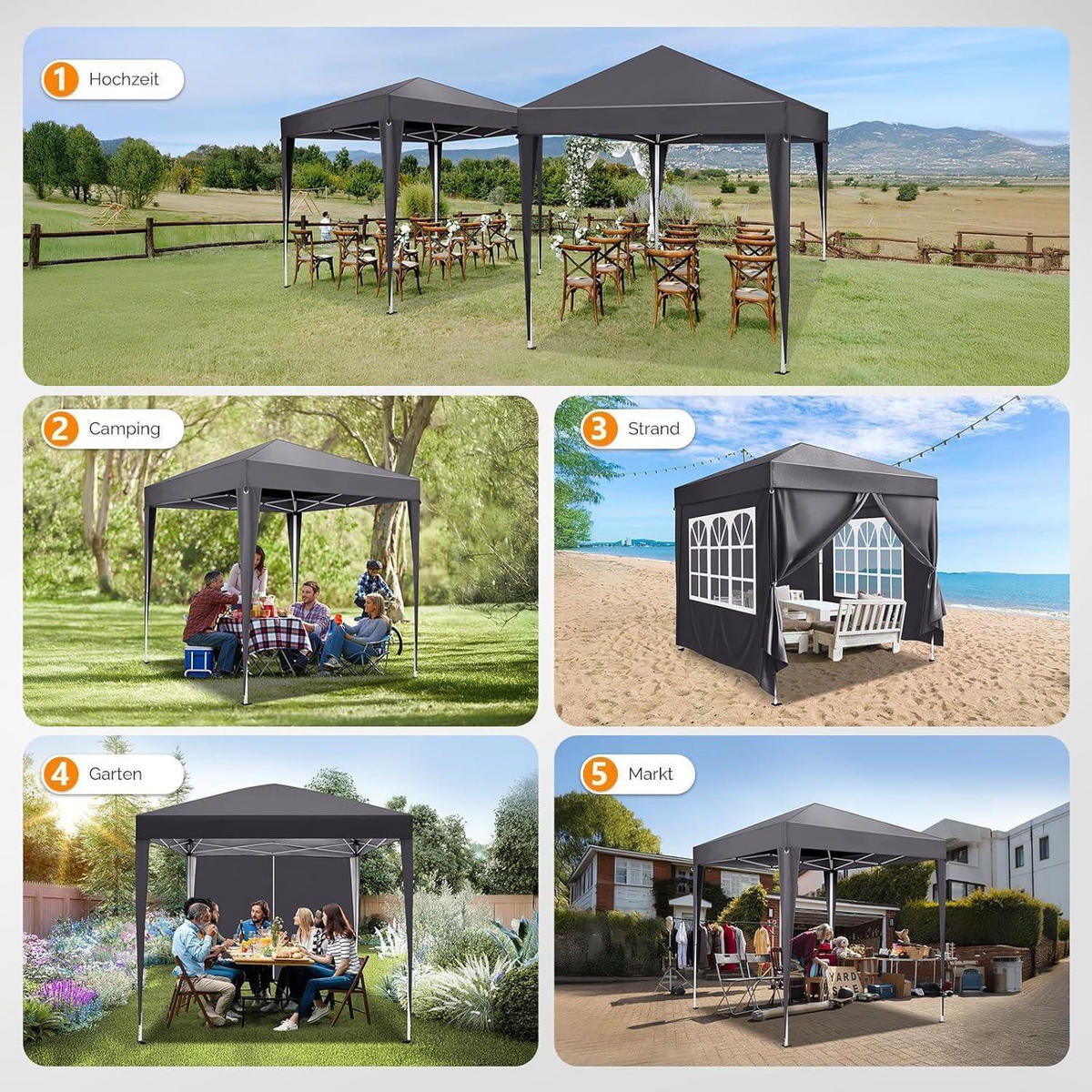 FALTPAVILLON 3x3m mit 4 Seitenteilen, höhenverstellbar in anthrazit - Anthrazit, Metall (300/260/300cm)