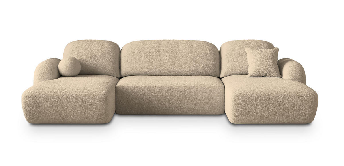 WOHNLANDSCHAFT SAVONA N Creme Boucle-Stoff mit Schlaffunktion - Creme, Holz (320/90/148cm) - MASSENO