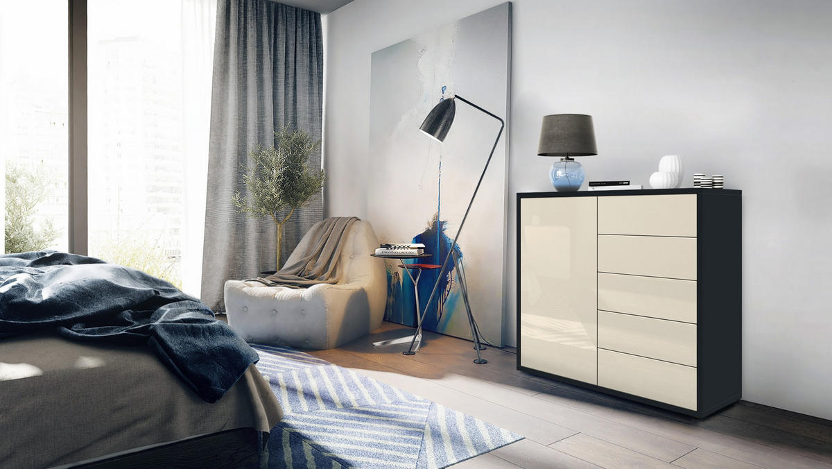 KOMMODE Ben Front in Creme Hochglanz - Creme, Holzwerkstoff (79/74/36cm) - Vladon
