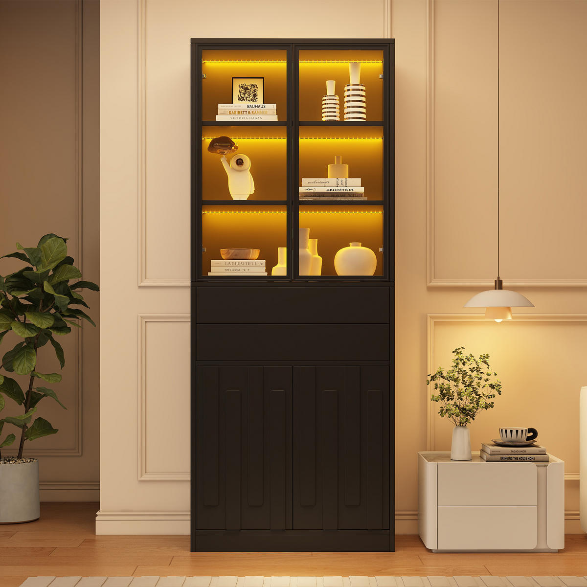 VITRINE 70x34x180 cm Schwarz mit LED und 2 Schubladen - Schwarz, Holzwerkstoff (70/180/34cm) - FLIEKS