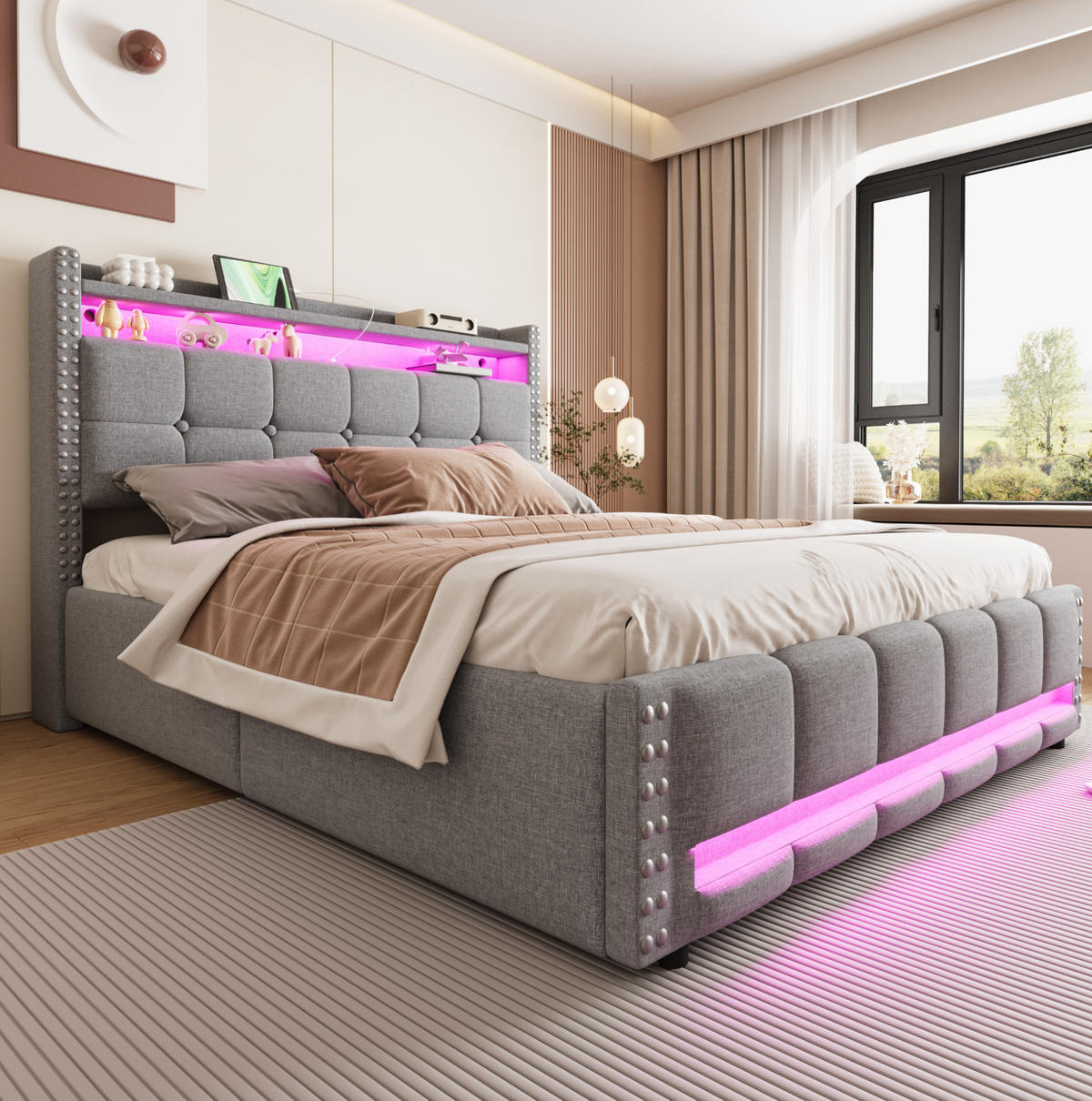 POLSTERBETT mit Stauraum, LED und USB 160x200 cm Leinen Hellgrau - Hellgrau, Metall (160/200cm) - Meubliv
