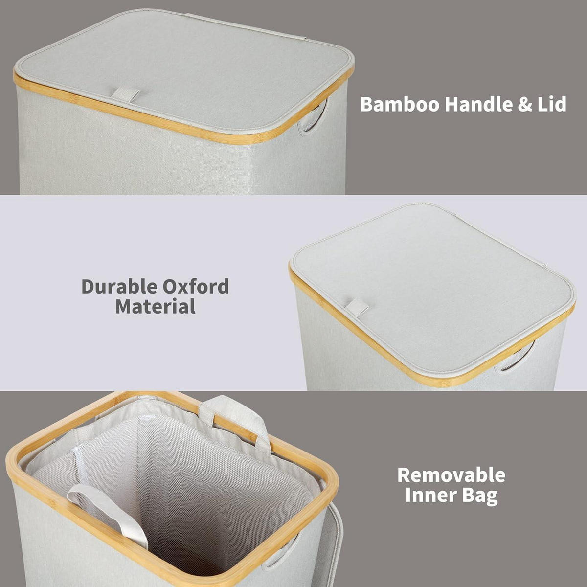 WÄSCHEKORB mit Deckel und Bambusgriffen 100 Liter Beige Hellgrau - Beige, Textil (5.3/42/33cm)