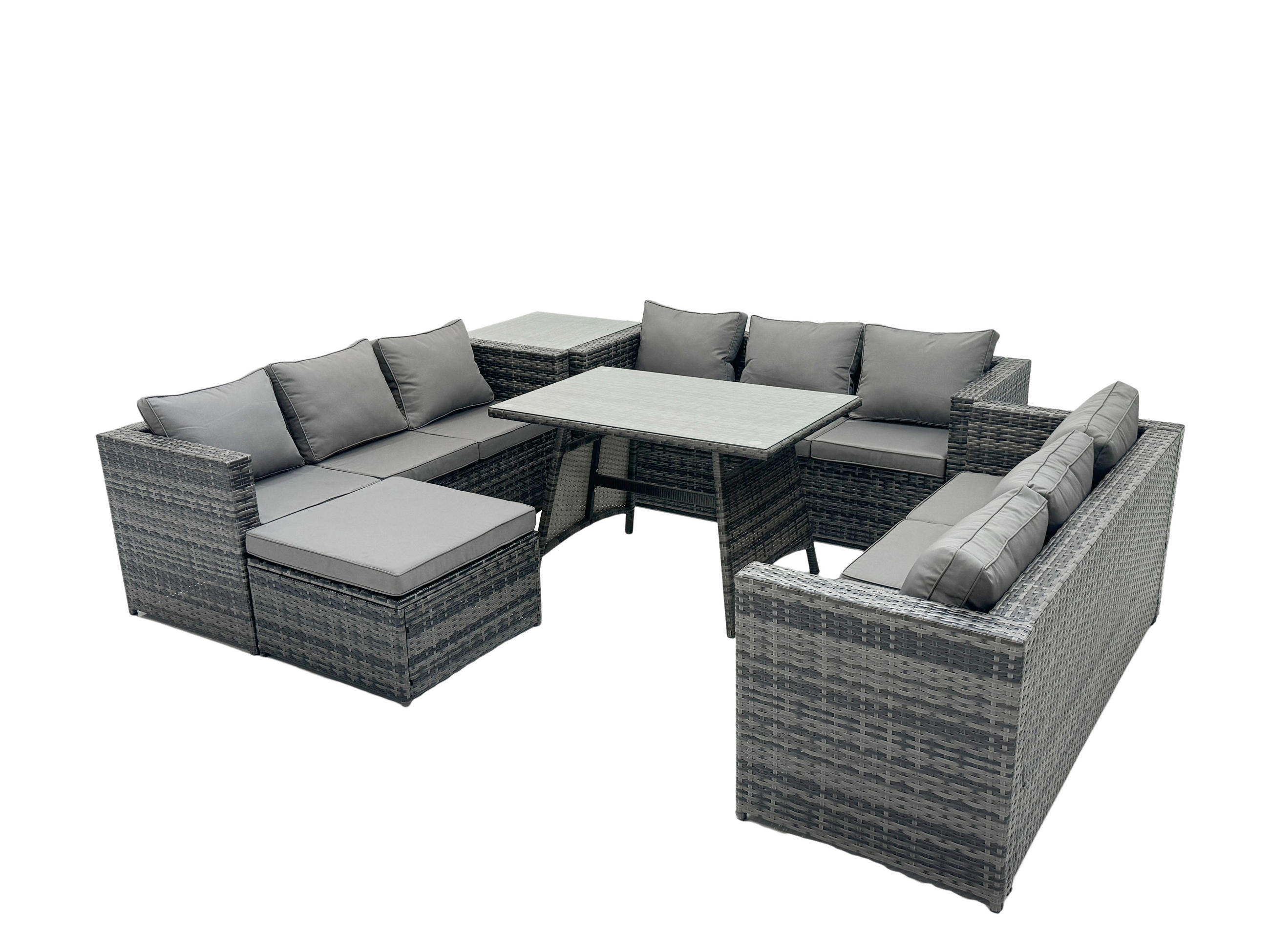 LOUNGESOFA SET Polyrattan 10-Sitzer - Dunkelgrau/Grau, Glas/Kunststoff - Fimous
