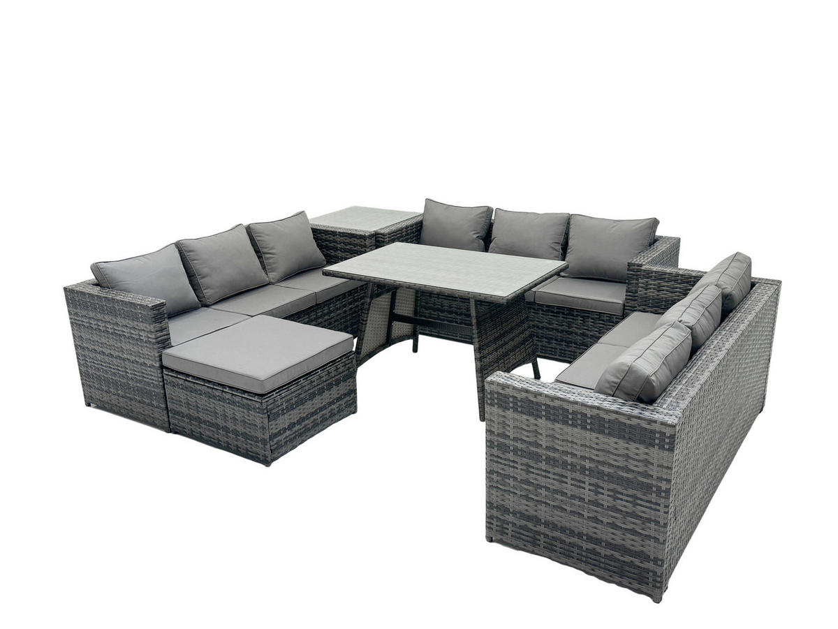 LOUNGESOFA SET Polyrattan 10-Sitzer - Dunkelgrau/Grau, Glas/Kunststoff - Fimous