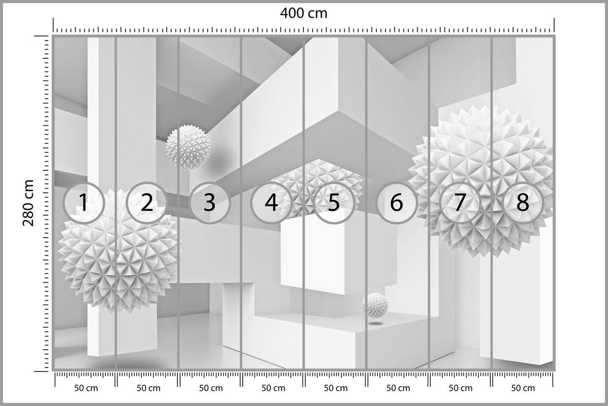 FOTOTAPETE für Wohnzimmer Abstrakte Kugeln Geometrie Illusion 400x280 - Weiß/Grau, Papier (400/280cm) - Muralo