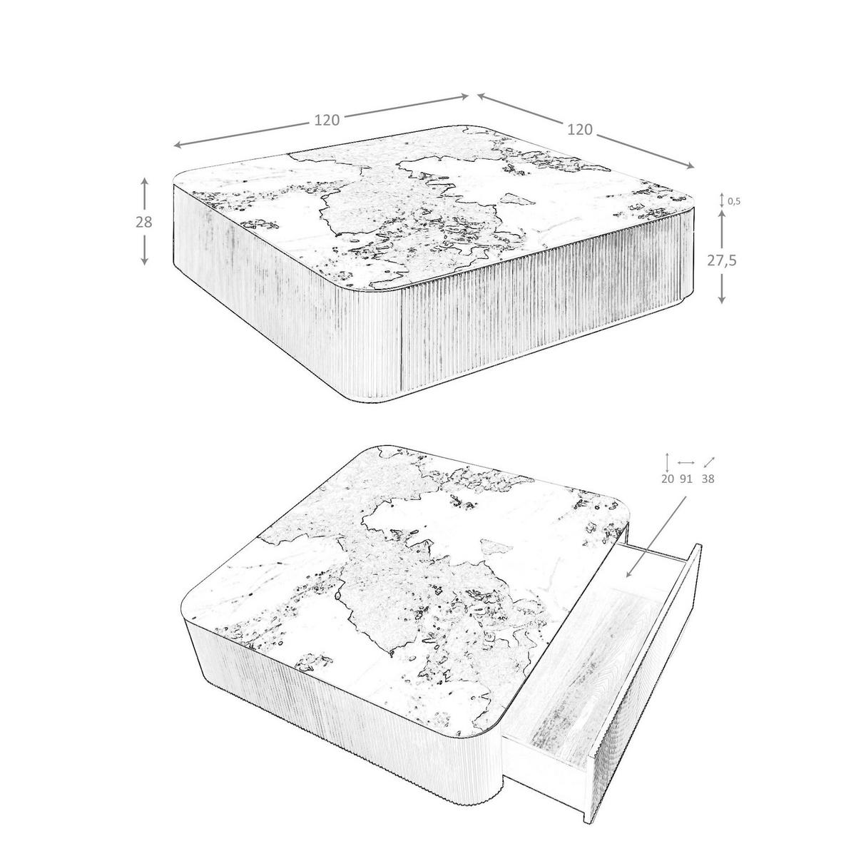 COUCHTISCH Quadratischer Couchtisch aus Porzellanmarmor und Nussbaumholz 120/120/28 cm - Walnussfarben/Weiß, Holz (120/120/28cm) - ANGEL CERDA