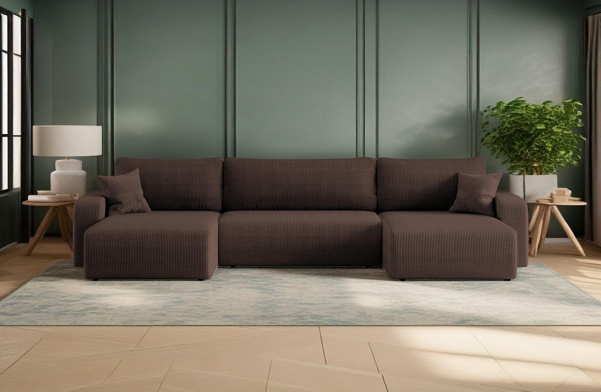 ECKSOFA U-Form Mit Schlaffunktion Und Bettkasten MILANO Dicker Cord Braun - Braun, Holz/Textil (312/145cm) - Kaiser Möbel