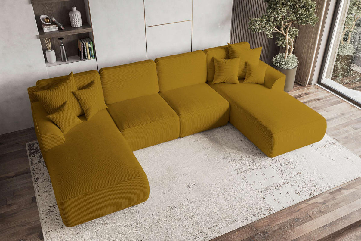 WOHNLANDSCHAFT GUSTO Cordstoff Goldfarben inkl. Schlaffunktion - Chromfarben/Goldfarben, Kunststoff/Textil (306/96/194cm) - 99rooms