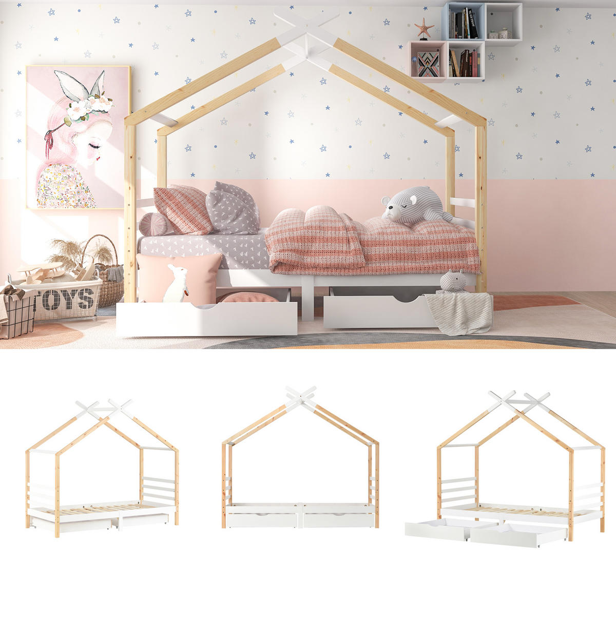 POSTELJA v obliki hiše 90/200 cm bela s predali iz masivnega bora in MDF - bela, les (90/200cm) - OKWISH