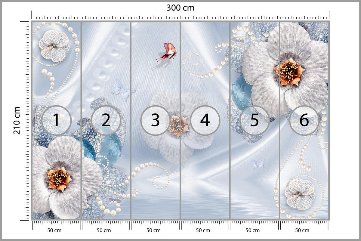 FOTOTAPETE für Schlafzimmer Blumen Perlen Schmetterlinge Blau 300x210 - Blau/Gelb, Papier (300/210cm) - Muralo