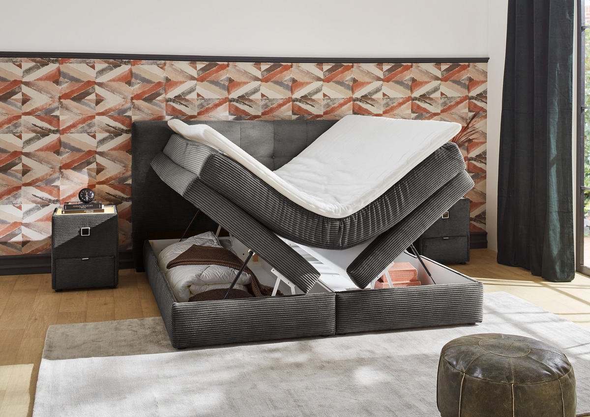 BOXSPRINGBETT 180x200 cm, 7-Zonen-Tonnentaschen-Federkernmatratzen H3, Topper, Bonell-Federkern, 2 Bettkästen, Cord Grau Anthrazit / 20038 - Anthrazit/Schwarz, Kunststoff/Textil (180/200cm) - luma-home