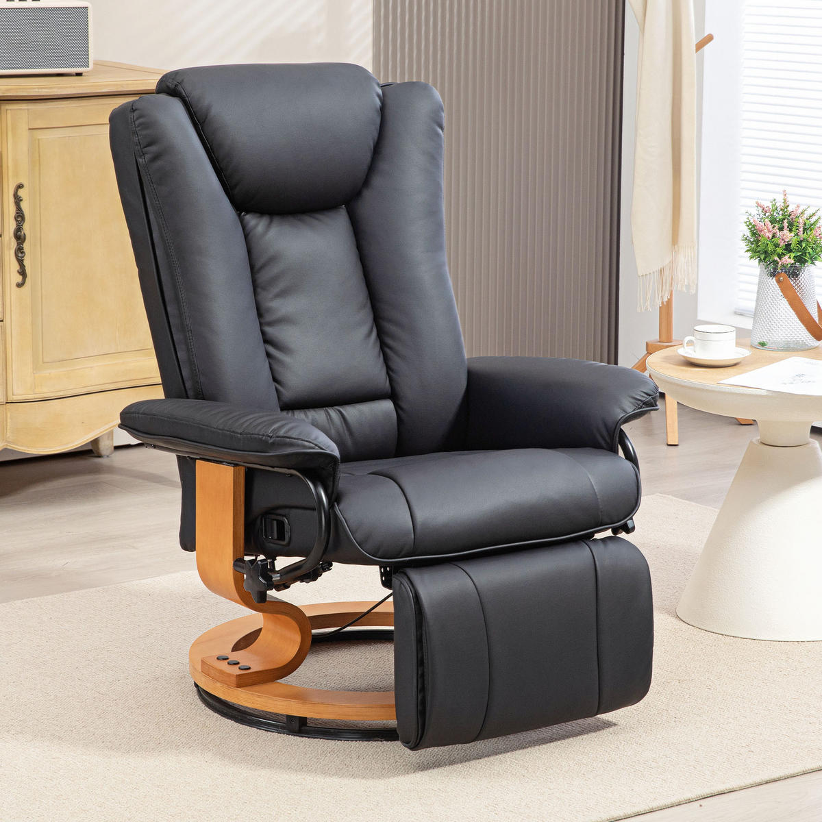 RELAXSESSEL Drehbar Fernsehsessel mit Liegefunktion, Fußstütze, Schwarz - Schwarz, Leder (88/103/78cm) - HOMCOM