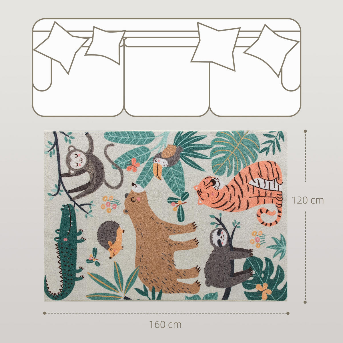 TEPPICH Anti-Rutsch Wohnzimmerteppich Kurzflor mit Dschungel-Muster Fleece-Optik - Multicolor, Textil (120/160cm) - HOMCOM