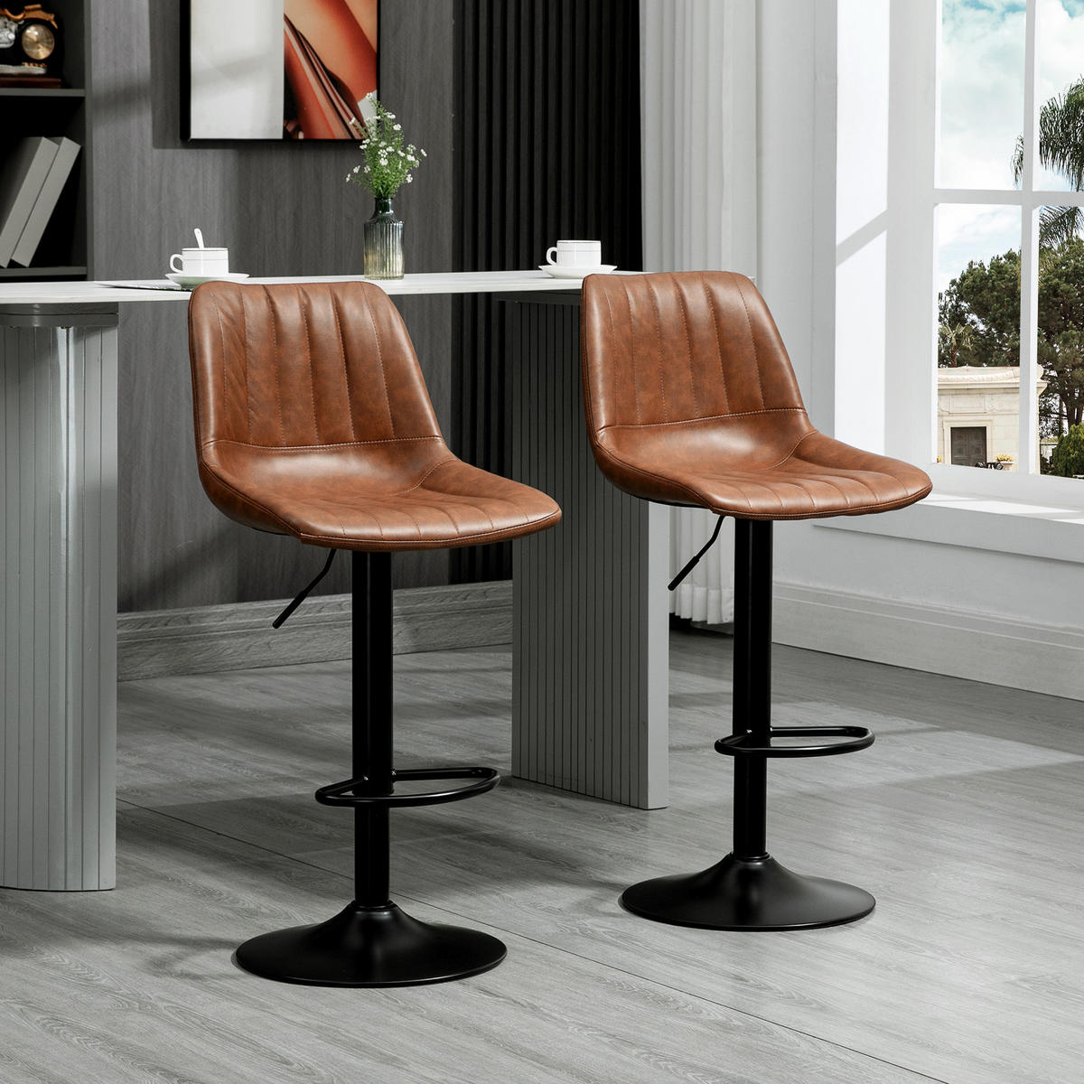 2ER Set Barhocker 91-111 cm Höhenverstellbarer Küchenhocker Barstuhl mit Fußring - Braun, Kunststoff (49.5/111/43cm) - HOMCOM