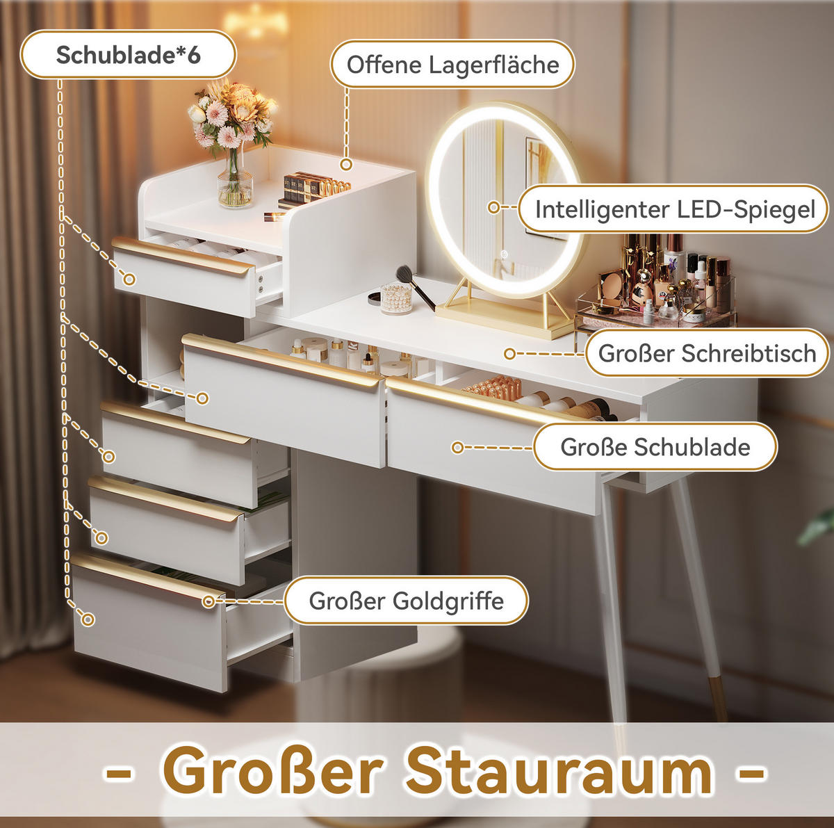 SCHMINKTISCH 41,5/100/102 cm mit ausziehbarer Tischplatte, LED-Spiegel und 6 Schubladen, Weiß - Weiß, Holzwerkstoff (100/102/41.5cm) - Redom