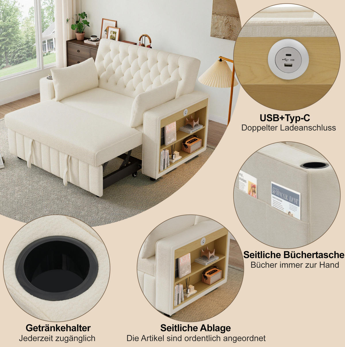 SCHLAFSOFA, Chenille mit Schlaffunktion & USB-Anschluss, 140/137/84 cm, Beige, inkl. 2 Kissen - Beige, Textil (137/84/140cm) - Redom