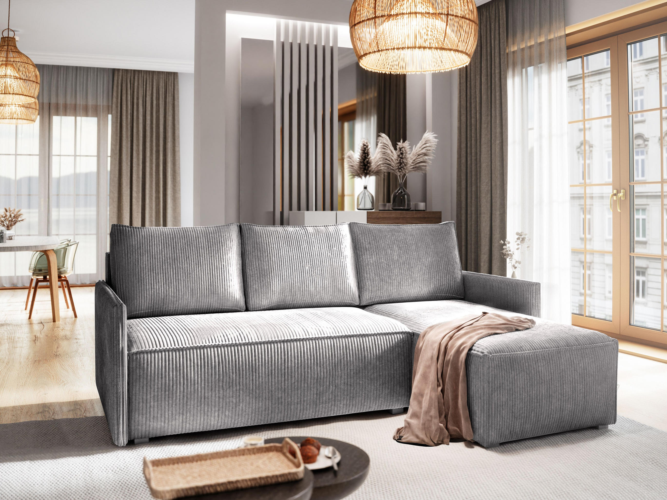 ECKSOFA PERUSI Hellgrau Kordstoff mit Schlaffunktion - Hellgrau, Holz (206/143cm) - MASSENO