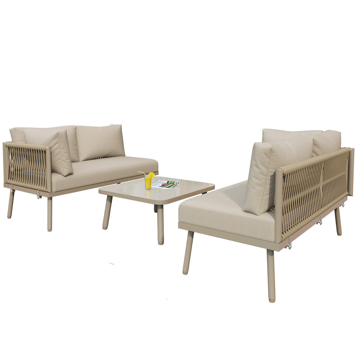 GARTEN-LOUNGE-SET mit Eisenrahmen & Glastisch, 2 Sofas + Tisch, 120/60/72 cm, Beige - Beige, Metall - Redom