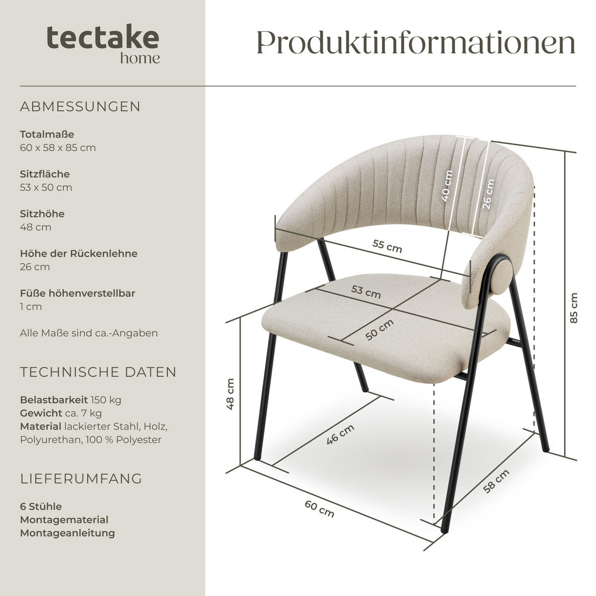 ARMLEHNENSTUHL 6er Set Bedano 60 x 58 x 85 cm greige - Greige, Kunststoff (60/85/58cm) - tectake