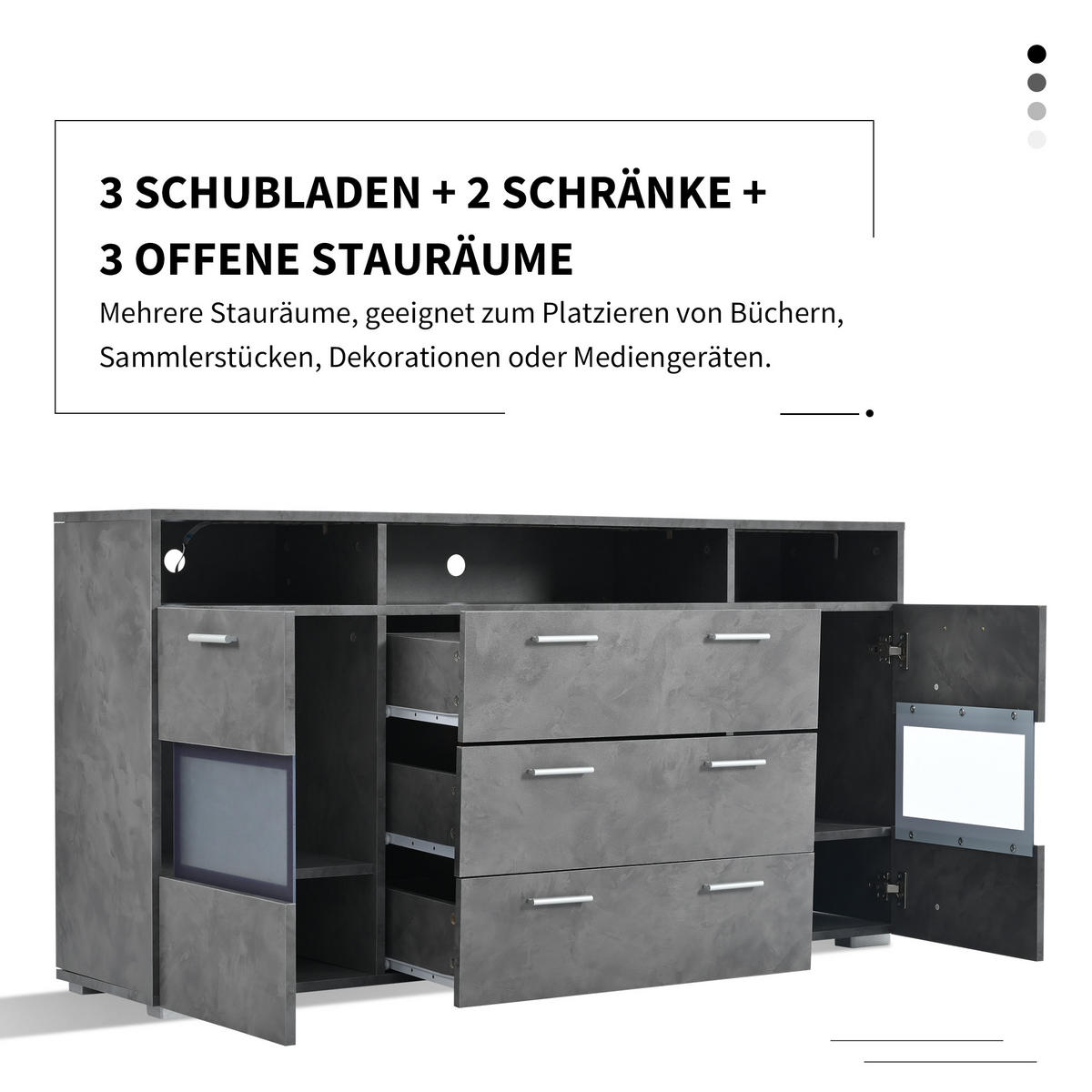 SIDEBOARD LED 2 Türen 3 Schubladen Grau 140cm - Grau, Holzwerkstoff (33.5/72.5/140cm) - FLIEKS