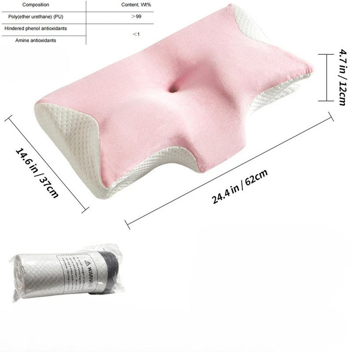 NACKENKISSEN ，Ergonomisches , 62 x 37 x 12 cm - Pink, Textil (62/37cm)