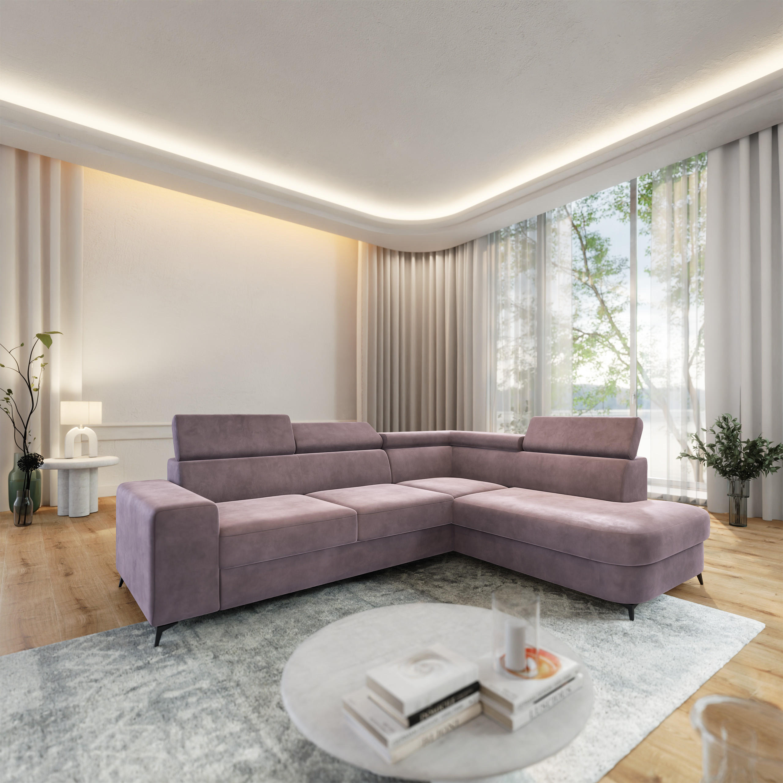 ECKSOFA ALVORO R-S Lila Velours-Stoff mit Schlaffunktion - Lila, Holz (253/190cm) - MASSENO