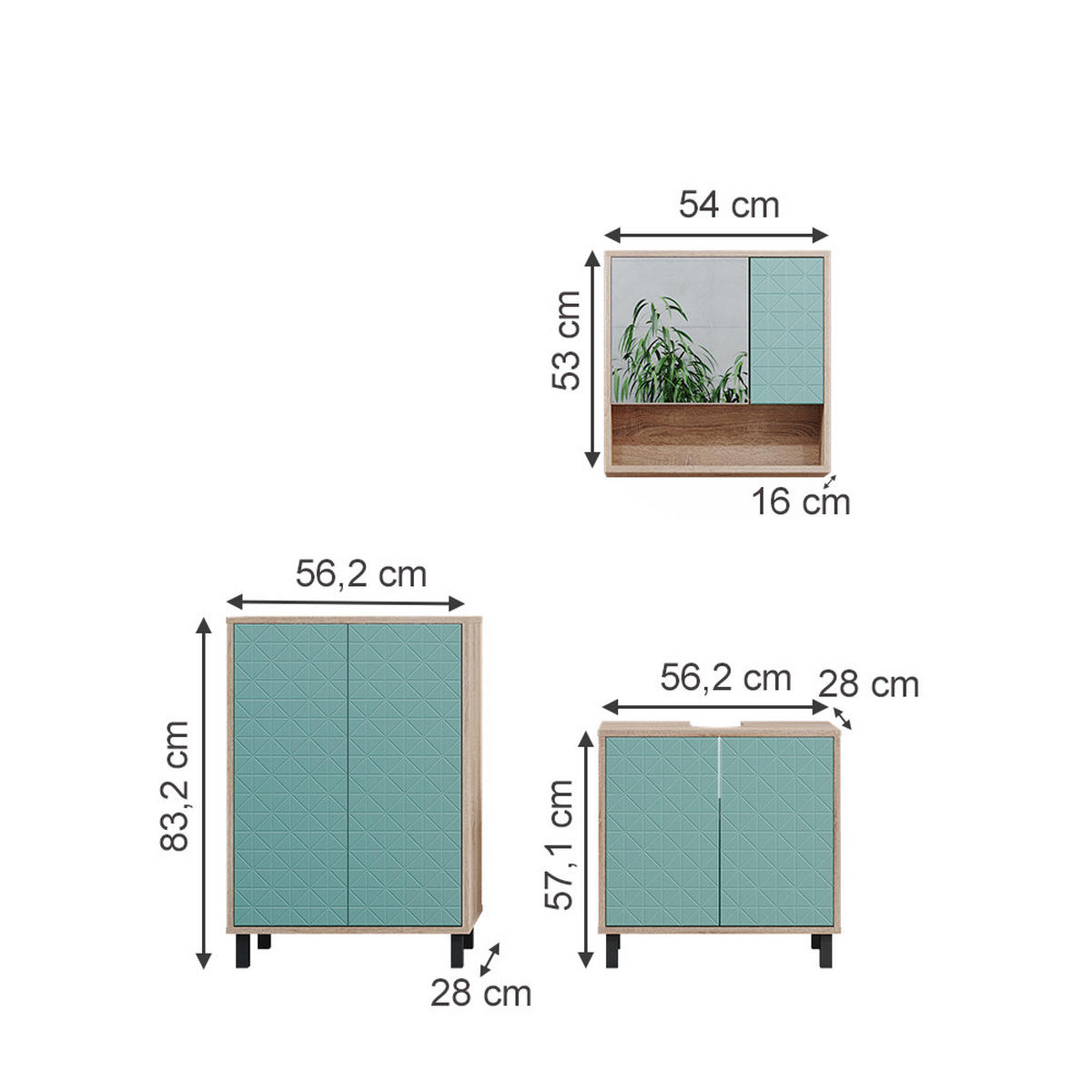 BADMÖBEL-SET Agasta Mintgrün 3 Teile - Mintgrün/Sonoma Eiche, Holzwerkstoff (56/57/28cm) - Vicco