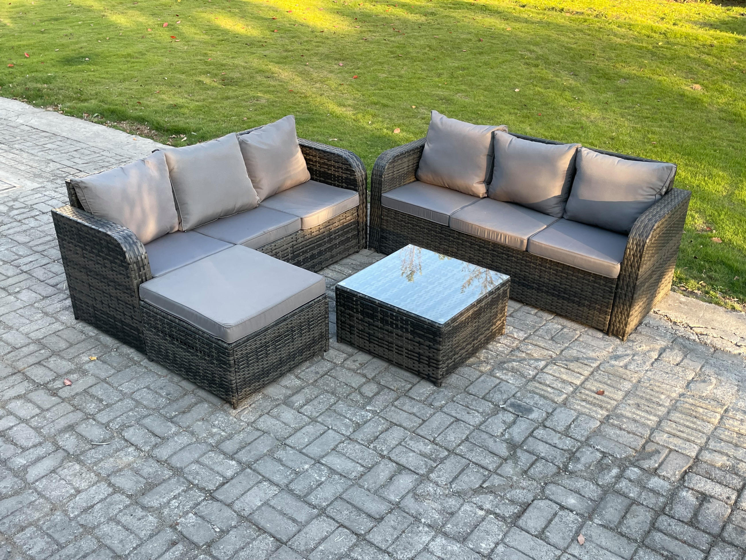 GARTENTISCHGRUPPE Polyrattan Dunkelgrau 4-teilige - Dunkelgrau/Grau, Glas/Kunststoff - Fimous