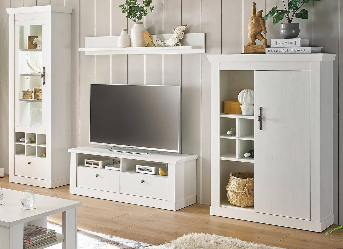 WOHNWAND weiß Pinie Landhaus, Set 4-teilig mit Soft-Close und Beleuchtung - Weiß, Holzwerkstoff/Kunststoff (334/201/45cm) - Furn.Design