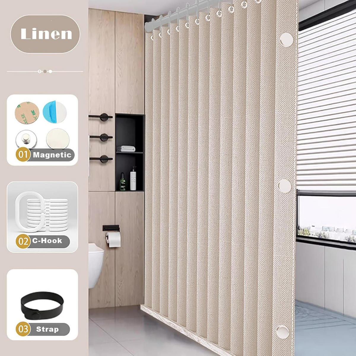 DUSCHVORHANG Beige 150 x 200 cm magnetisch faltbar Leinen dick gefüttert wasserdicht schimmelresistent - Beige, Textil (150/200cm) - MCBOSON