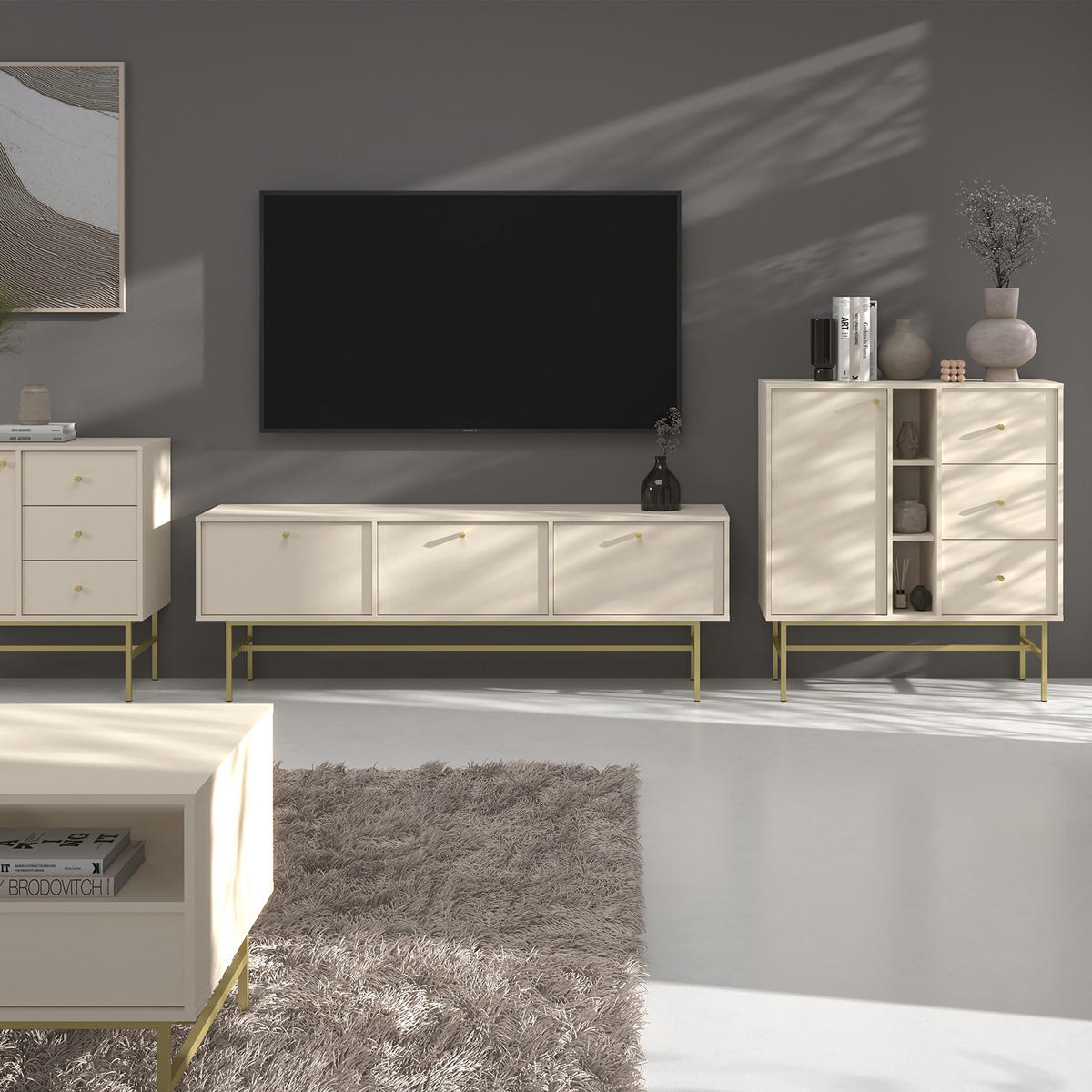 KOMMODE FLOREN, Creme/Gold - Creme, Holzwerkstoff/Metall (100.2/107.5/40.8cm) - KONSIMO®