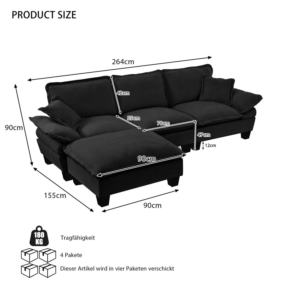 ECKSOFA 263/151/90 cm schwarz aus Chenille mit Ottomane - Schwarz, Textil (151/263cm) - OKWISH
