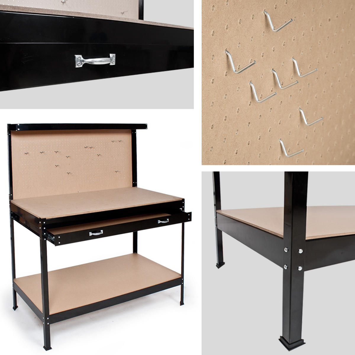 WERKBANK ,120 x 60 x 156 cm, Kunststoffkappen an den Füßen,schwarz - Schwarz, Metall (60/156cm) - tectake