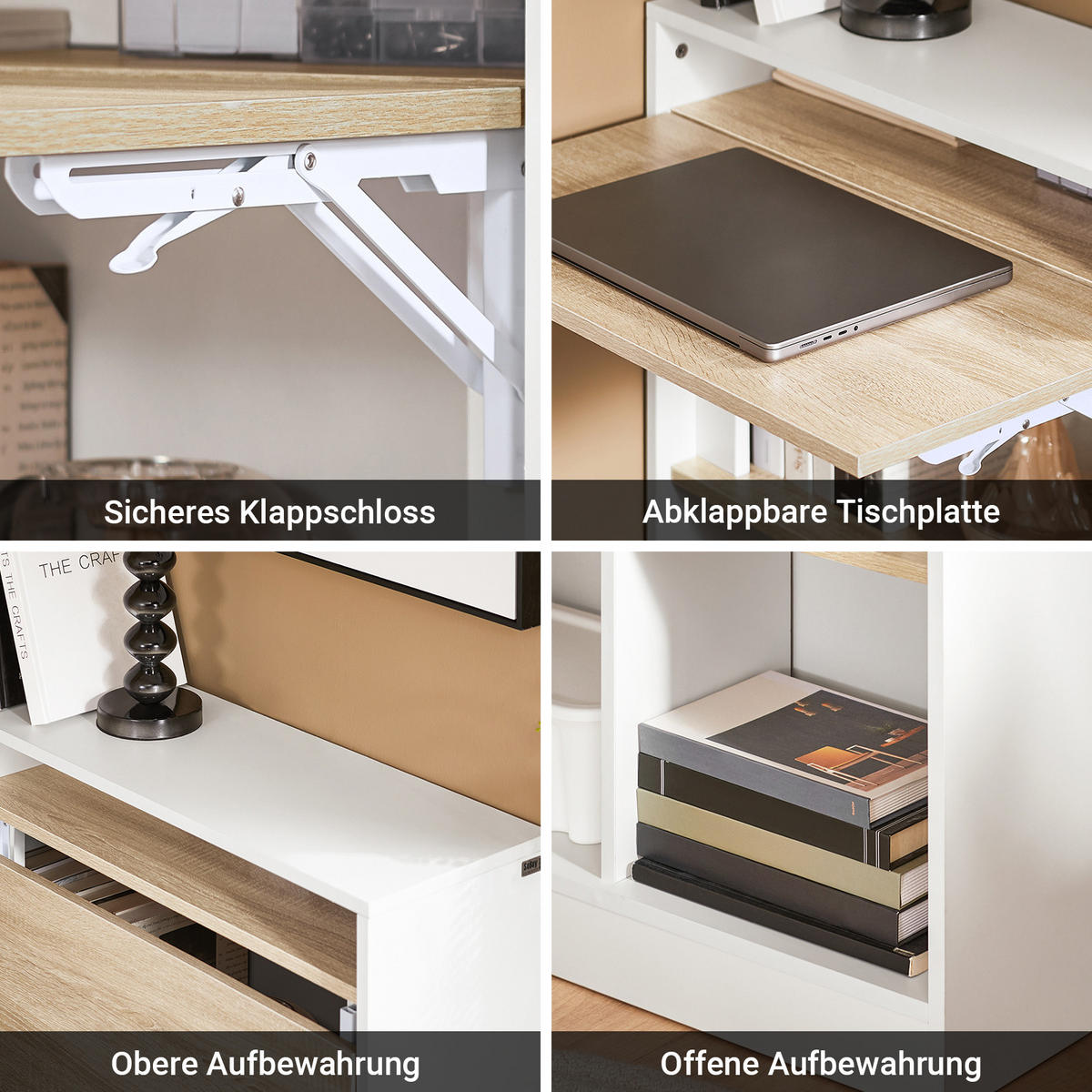 SCHREIBTISCH klappbar mit Regal Weiß-Natur 70x57x85 cm - Weiß, Holz/Holzwerkstoff (54/70/85cm) - SoBuy