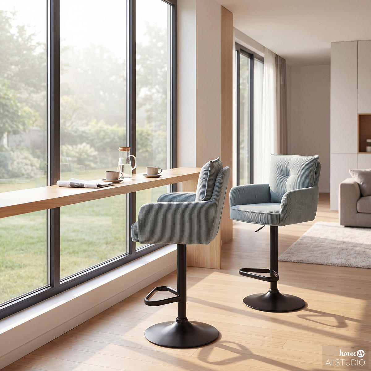 BARSTUHL - 2er-Set - Höhenverstellbar - Cord / Eisen - Blaugrau, Textil/Metall (54/98/58cm) - home24