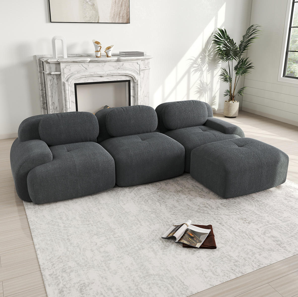 ECKSOFA 298/178/75 cm grau aus Cordstoff montagefrei mit ergonomischem Design - Grau, Textil (178/298cm) - OKWISH