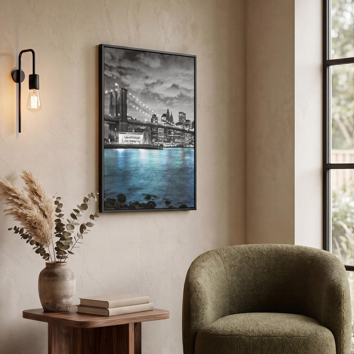 LEINWAND Bilder mit Rahmen - New York - Skyline - Stadt - Blau - 50x70 - Blaugrau, Textil (50/70cm) - MuchoWow