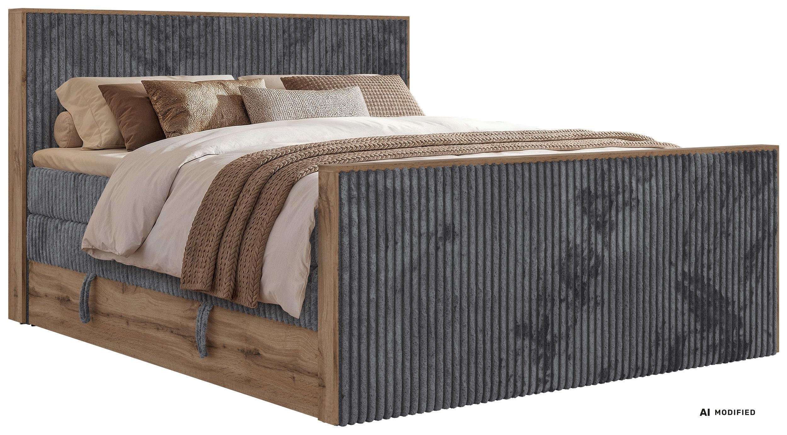 BOXSPRINGBETT WOOD KING DUO 200/200 - Grau Cord - Topper T25 - H4 - Schwarz/Grau, Kunststoff/Textil (200/200cm) - MKS